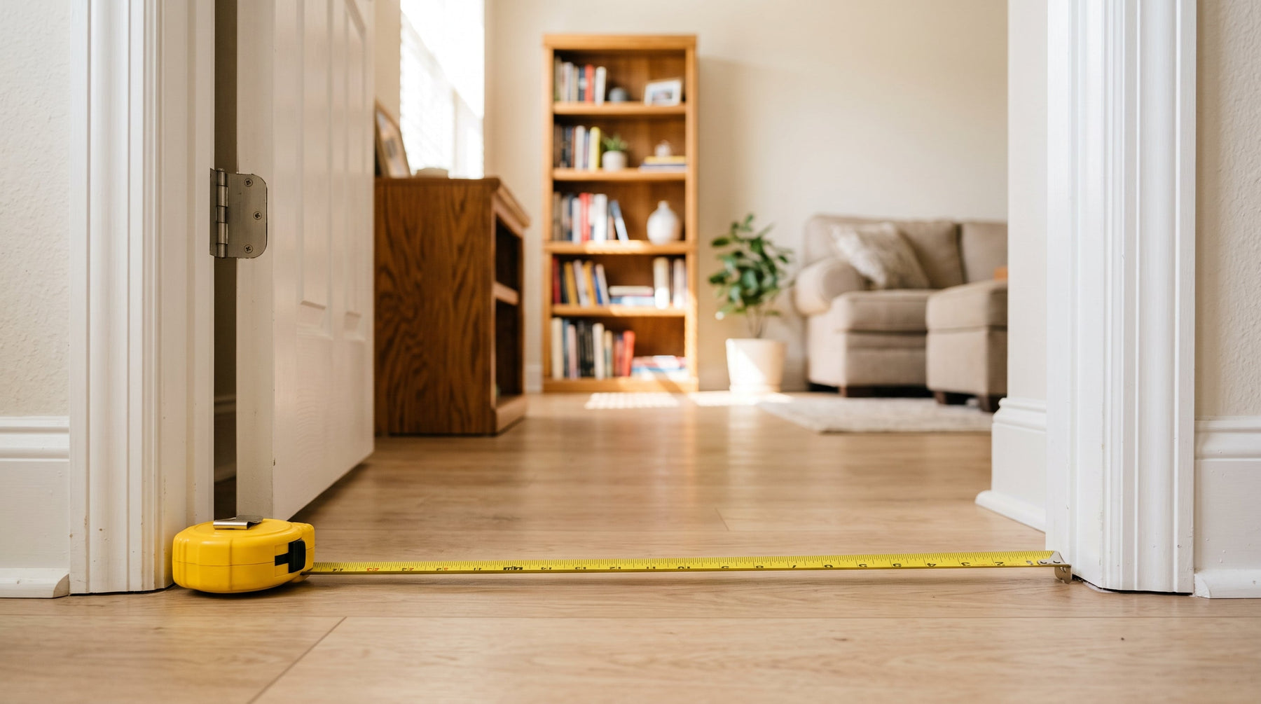 A tape measure lying across the floor of an open doorway, with a real wood bookcase in the room beyond