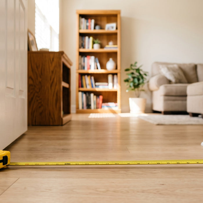 A tape measure lying across the floor of an open doorway, with a real wood bookcase in the room beyond