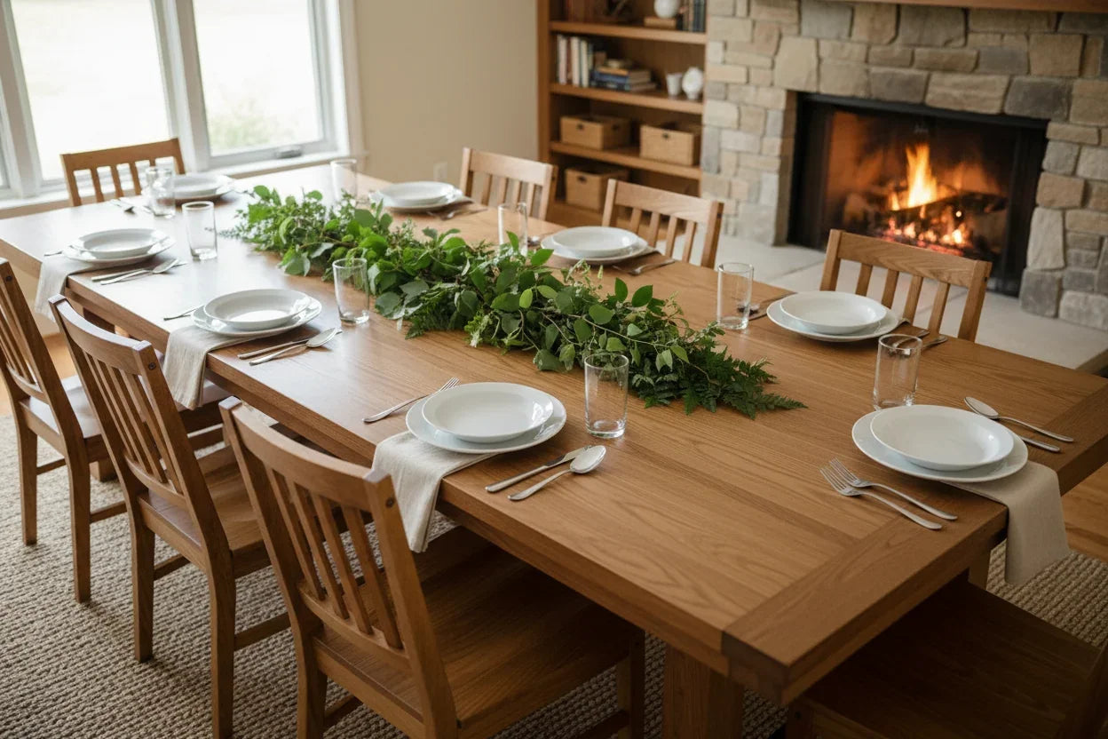 A real wood dining table set with plates, glasses, and linen napkins at seats along both sides, in a warm room with a fireplace