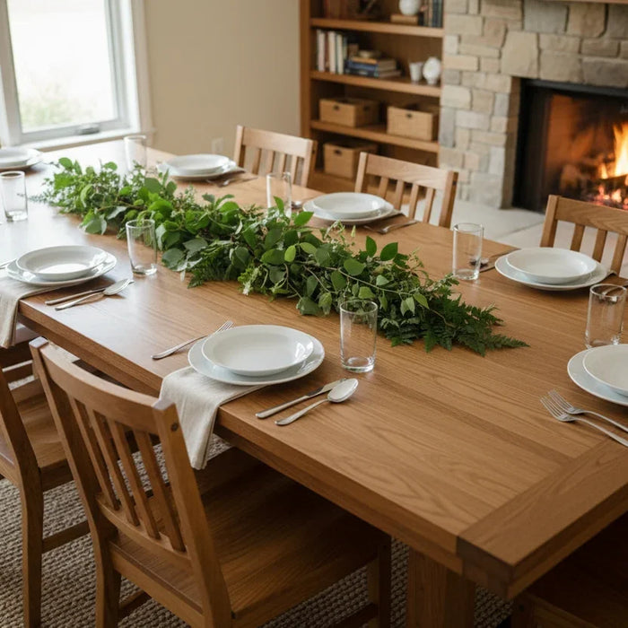 A real wood dining table set with plates, glasses, and linen napkins at seats along both sides, in a warm room with a fireplace