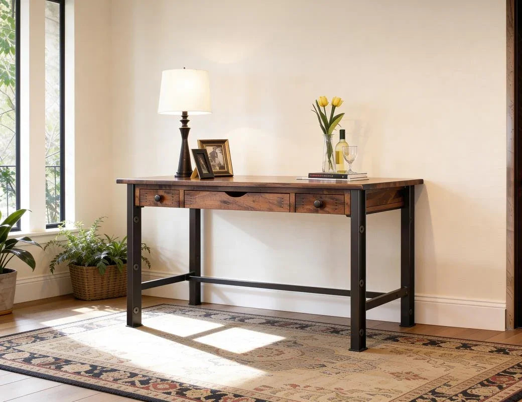 Parota three drawer desk styled in a home office