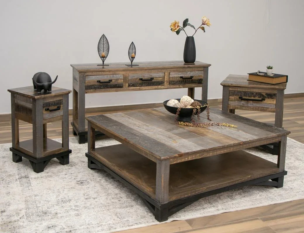 Loft Brown square cocktail table with side, sofa, and end tables in a living room