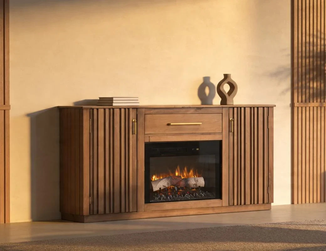 Mezquite fireplace TV console styled in a living room