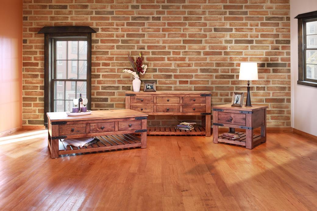 Parota occasional tables styled in a brick loft living room
