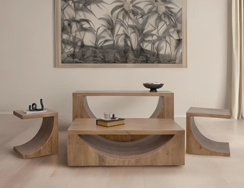 Mezquite living room occasional tables in light distressed brown mango wood, styled in a living room