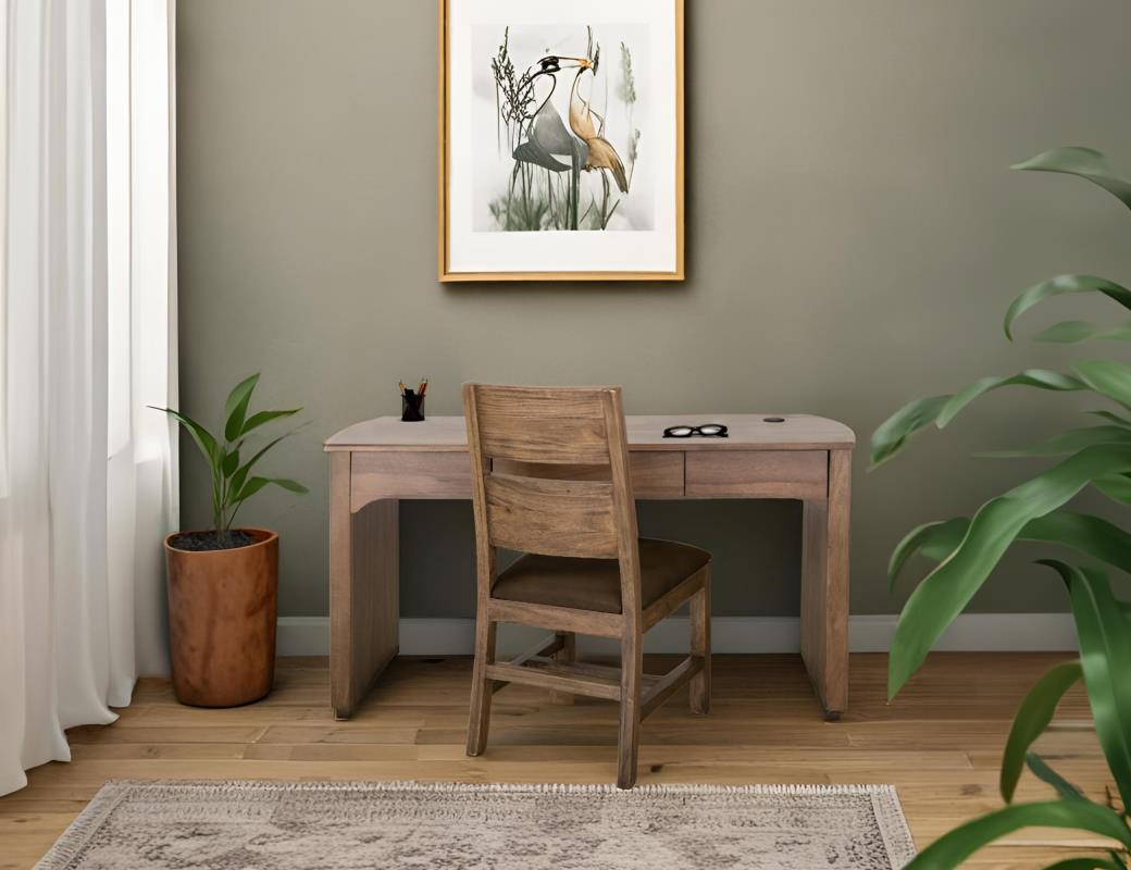 Mezquite bookcase and desk in light distressed brown mango wood, styled in a home office