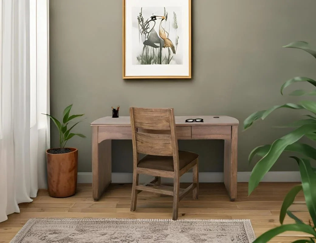 Mezquite bookcase and desk in light distressed brown mango wood, styled in a home office
