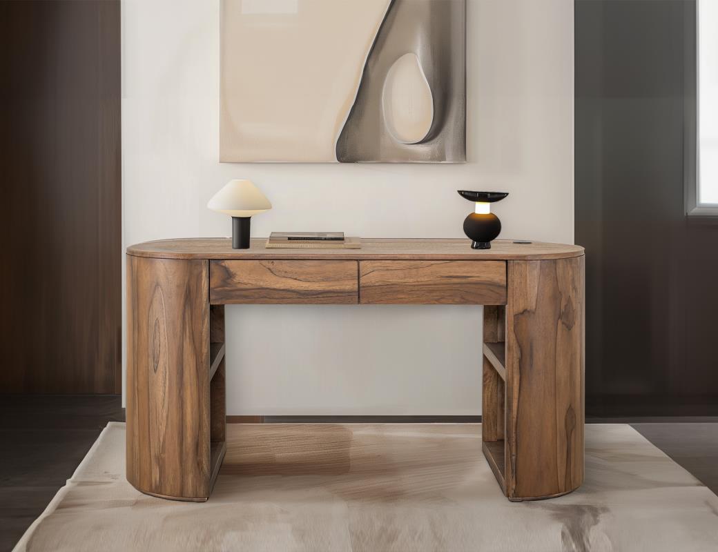 Balam Brown home office — desk and bookcase in warm brown solid mango