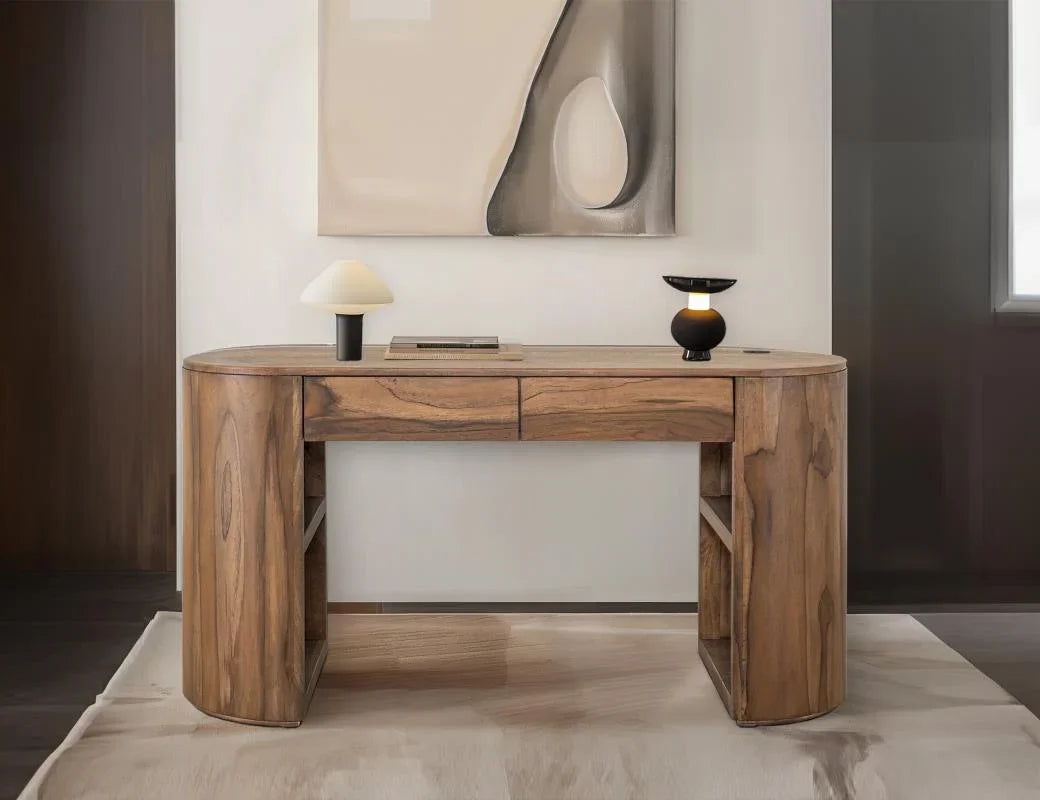 Balam Brown home office — desk and bookcase in warm brown solid mango