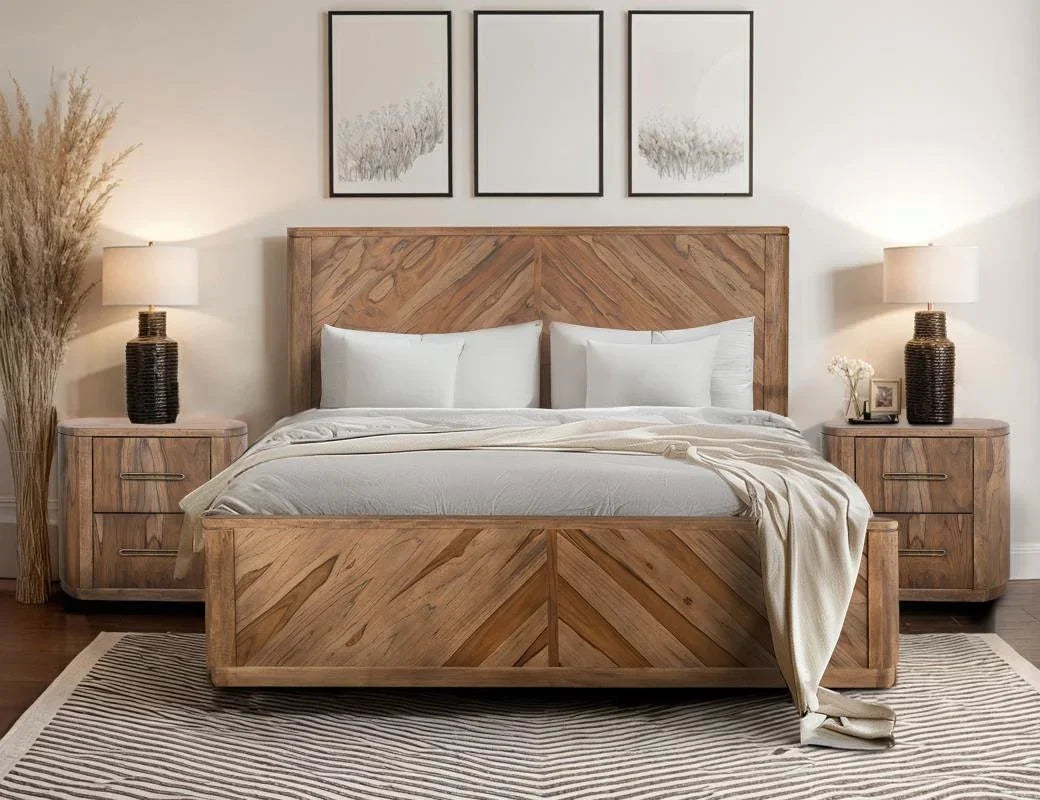 Balam Brown bedroom collection styled in a room — bed, nightstand, and matching pieces in warm mango wood