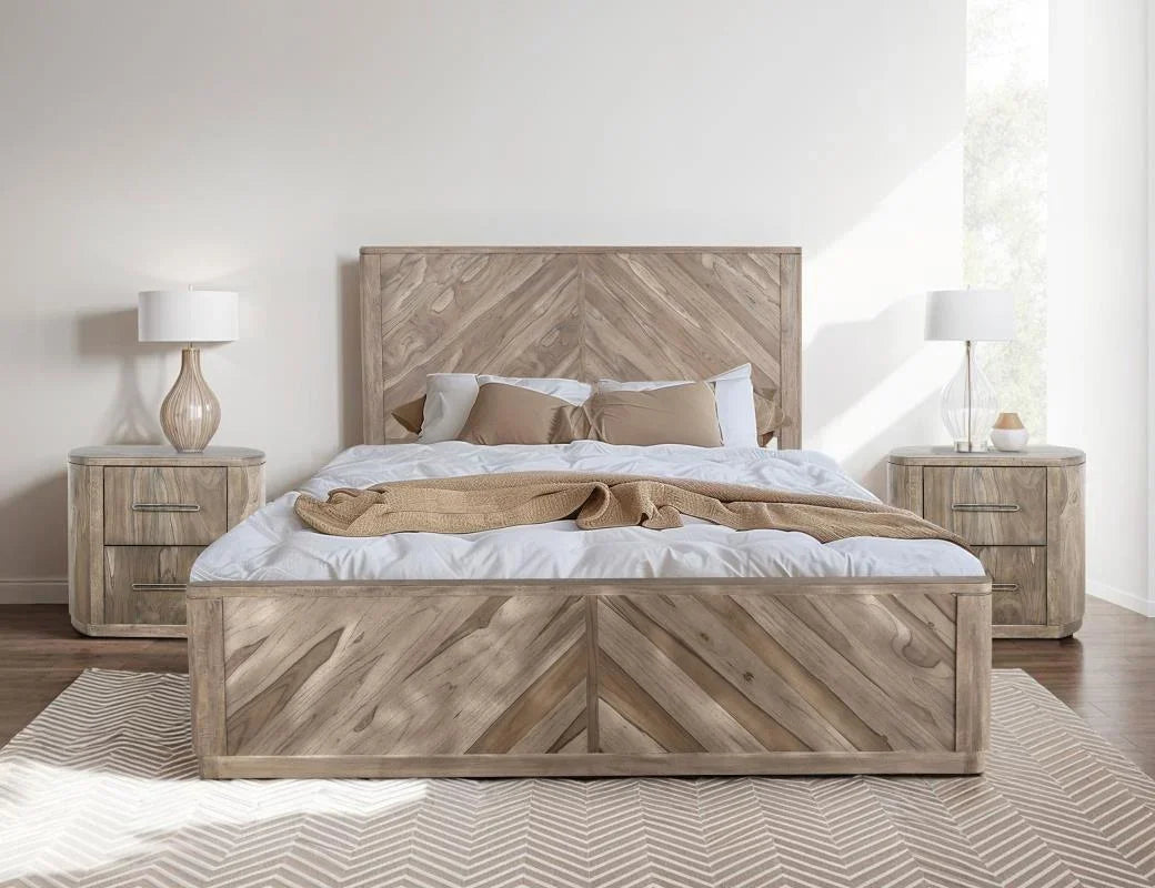 Balam White bedroom collection styled in a room — bed, nightstands, and matching pieces in soft white mango wood