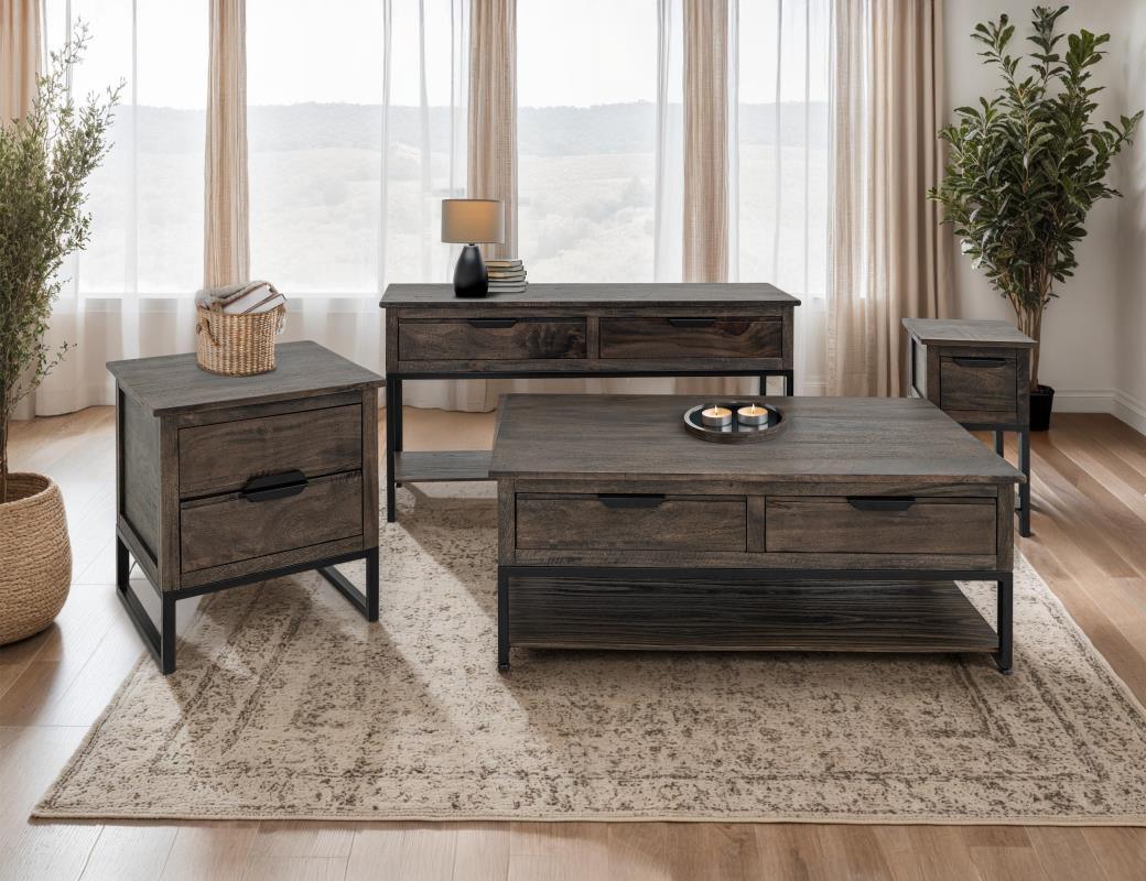 Dark Mita living room collection — cocktail, end, chairside, and sofa tables in hand-distressed wood with metal bases