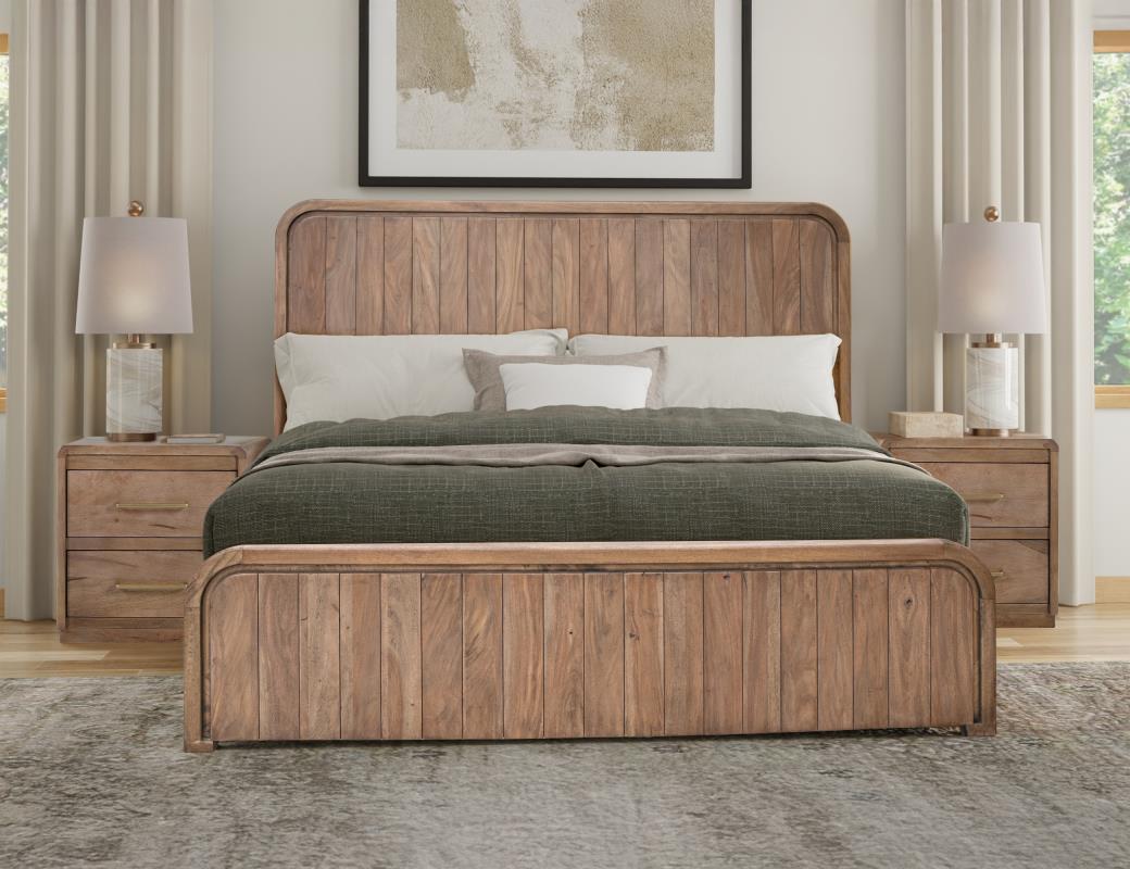 Mezquite collection — solid mango wood panel bed and nightstands in a light distressed brown finish in a styled bedroom