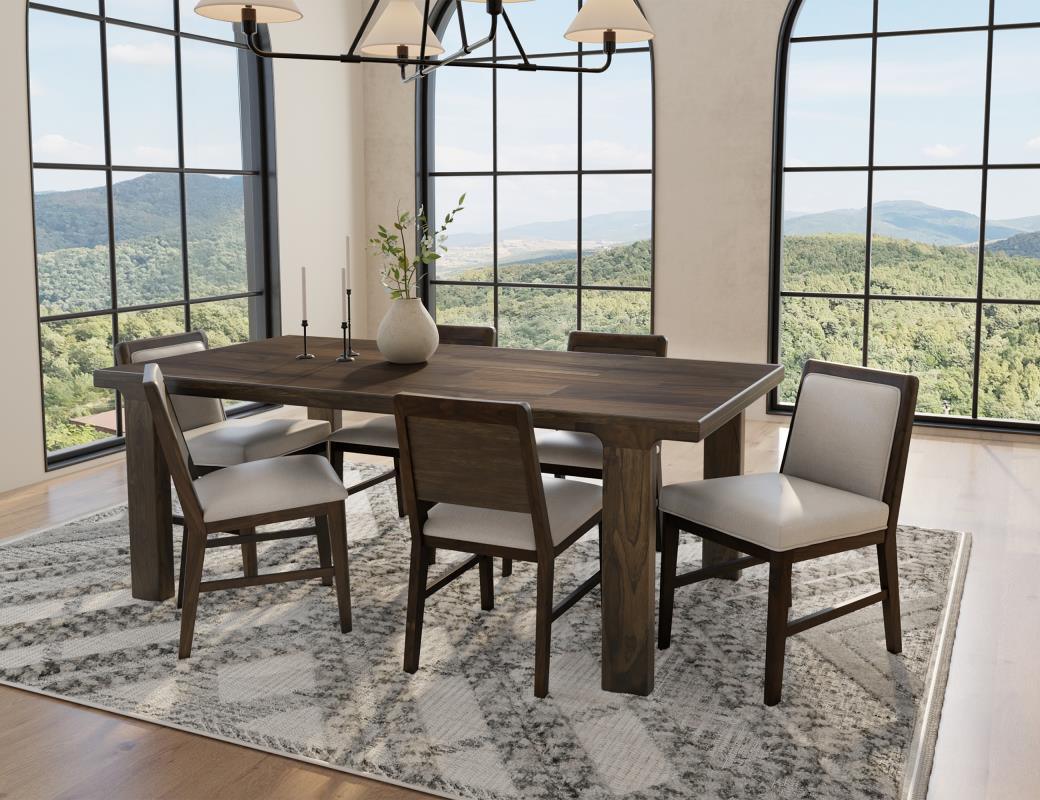 Dark Mezquite dining table and chairs in a black finish in a styled dining room