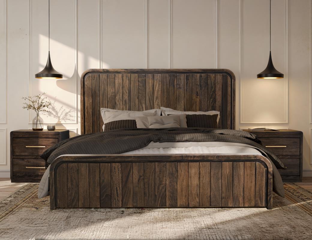 Dark Mezquite panel bed and nightstands in a black finish in a styled bedroom