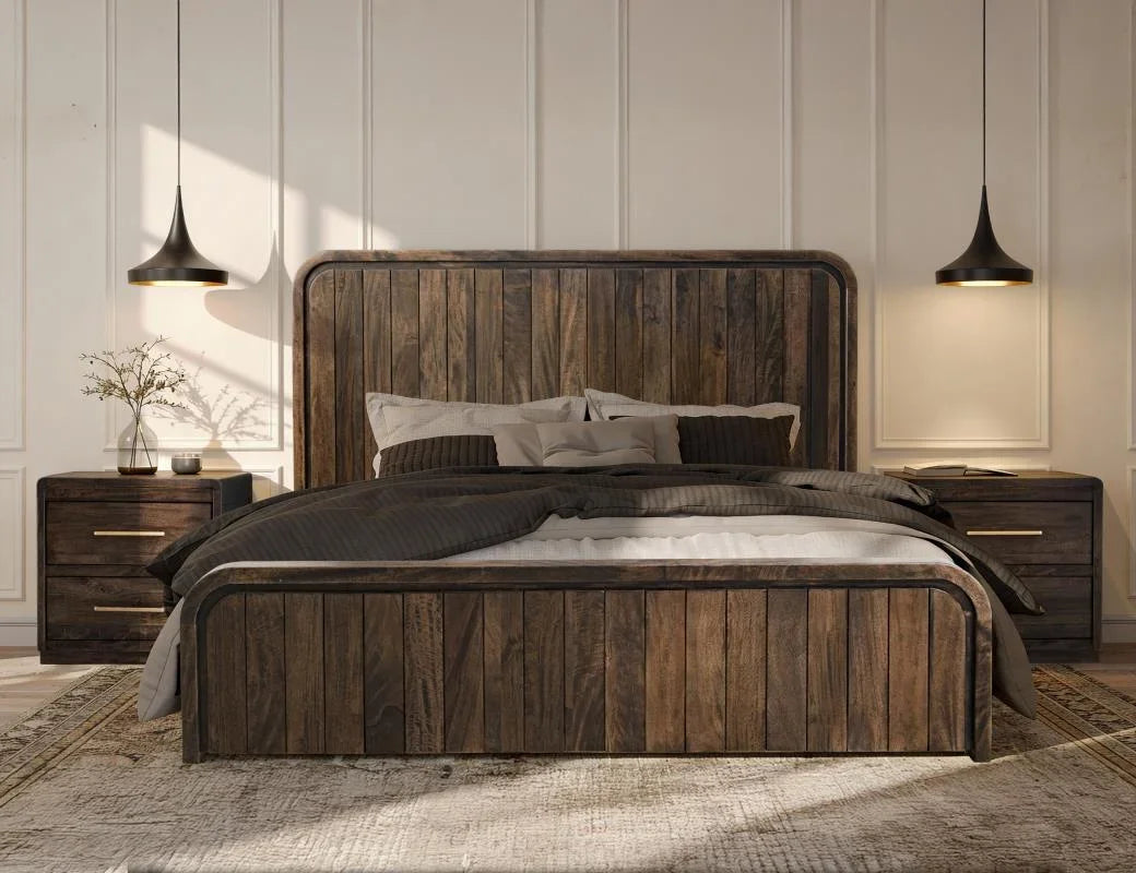Dark Mezquite panel bed and nightstands in a black finish in a styled bedroom