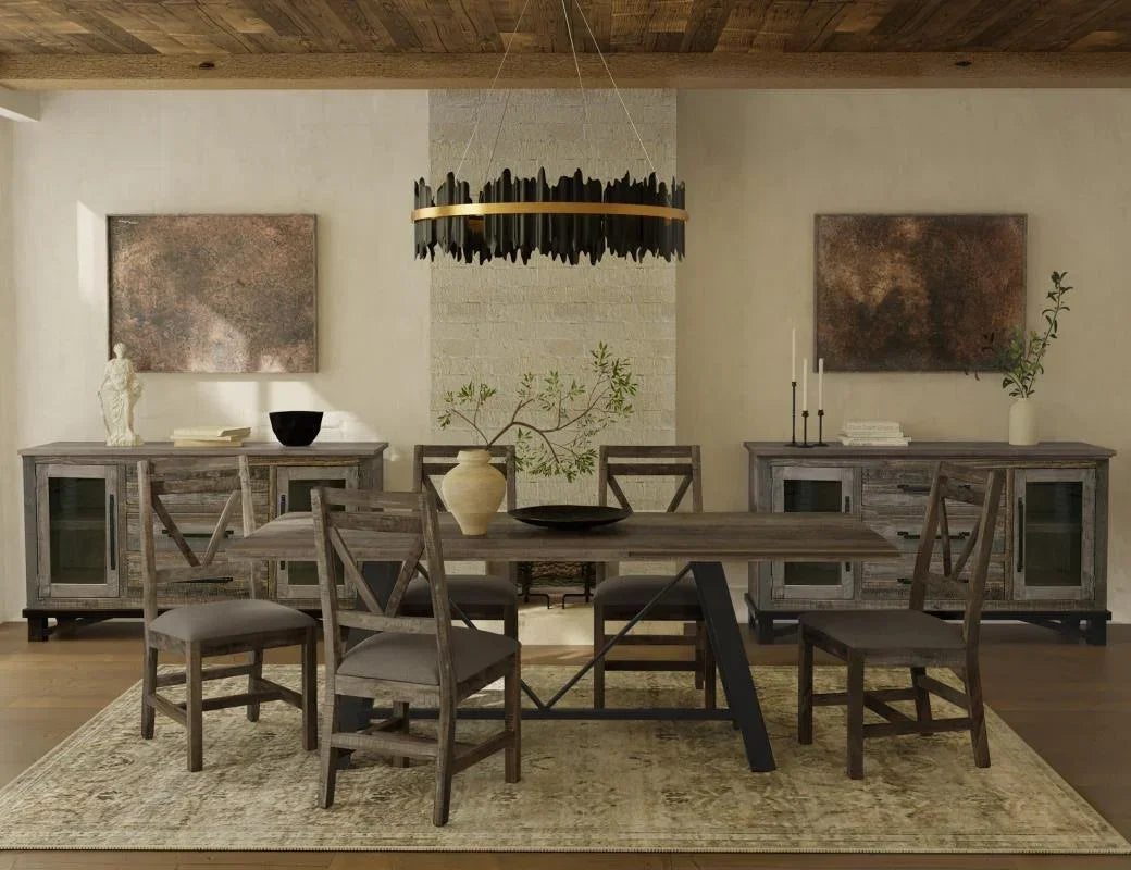 Loft Brown dining table at table height with chairs and buffets in a dining room