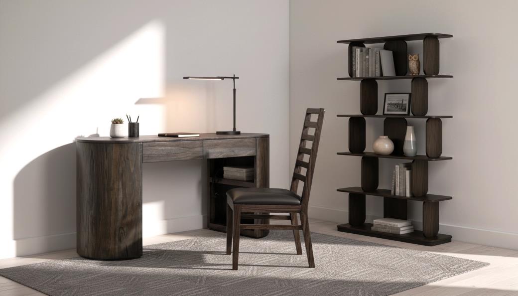 Balam Black home office — desk and bookcase in bold black solid mango