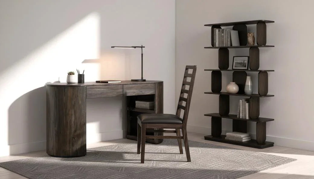 Balam Black home office — desk and bookcase in bold black solid mango