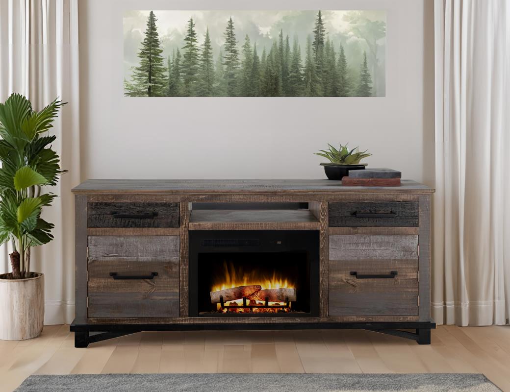 Loft Brown fireplace TV console living room scene