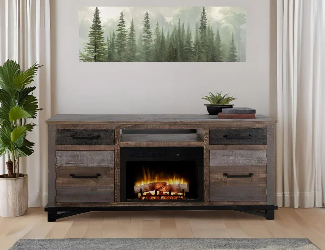 Loft Brown fireplace TV console living room scene