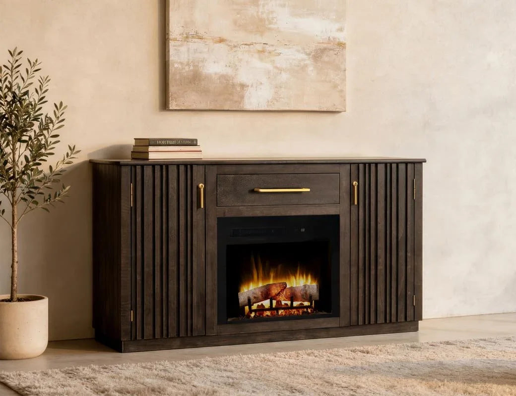 Dark Mezquite fireplace TV console styled in a living room