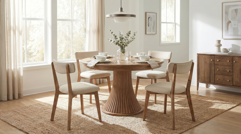 Fluted Pedestal Dining Table with Wesley chairs and the Anna Server - Barewood