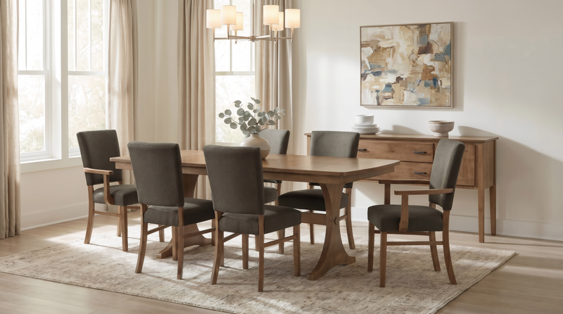 Sydney chairs with the Arcadia Trestle Table and 72" 2-Door & Drawer Sideboard in Sandstone - Barewood