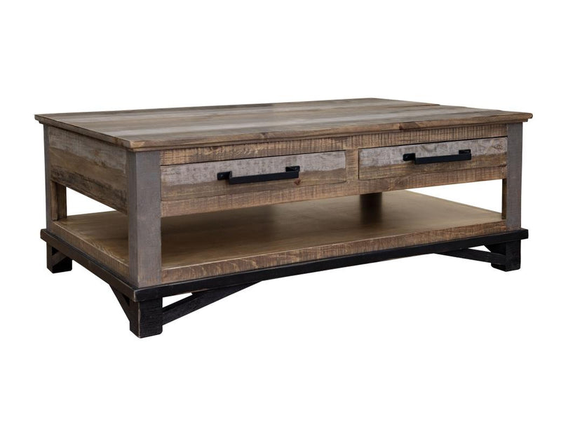 Loft Brown Cocktail Table - reclaimed-look pine, four drawers
