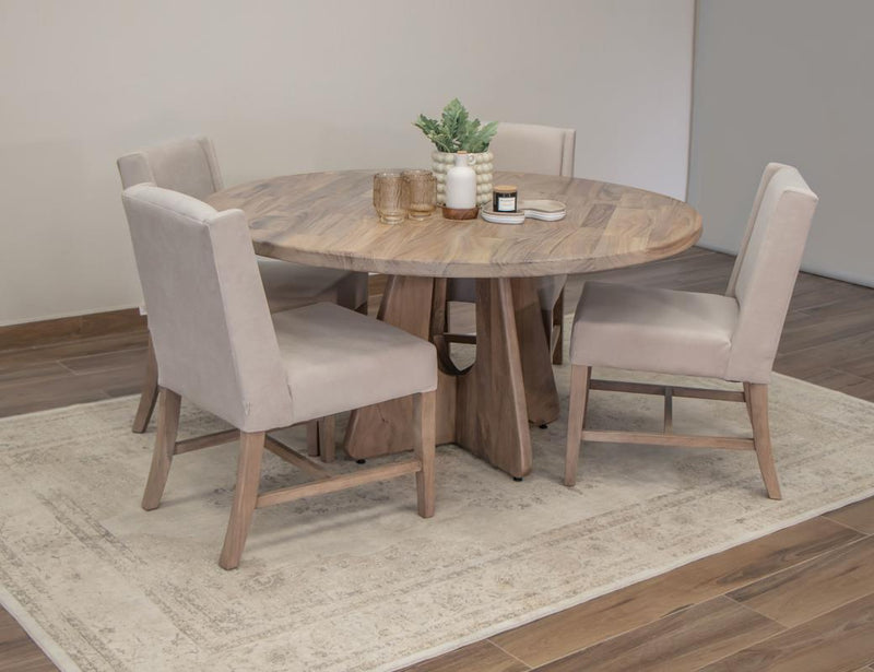 Natural Parota Round Dining Table - scene with upholstered chairs