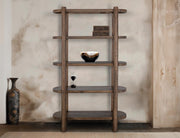 Balam Brown Bookcase styled with books and decor