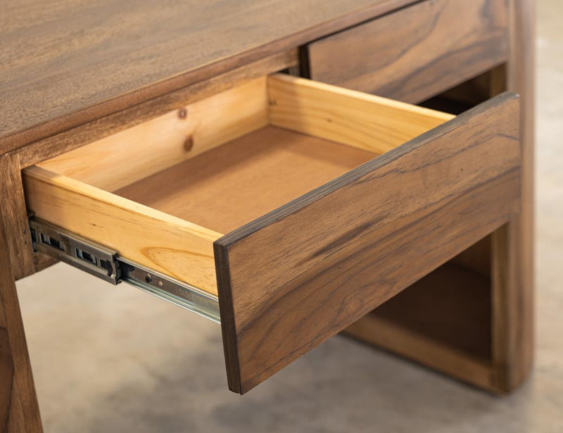 Balam Brown Desk open shelving detail
