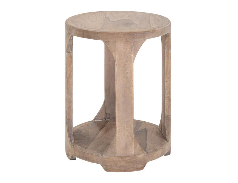 Balam White round chairside table angled view
