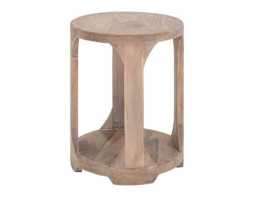 Balam White round chairside table angled view