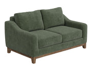 Olivo Loveseat in olive green upholstery with wire-brushed pine base