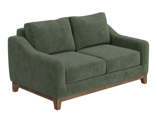 Olivo Loveseat in olive green upholstery with wire-brushed pine base
