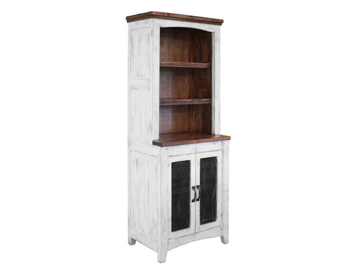 Pueblo White Pier - distressed white pine, brown top, two iron mesh doors, fixed shelves