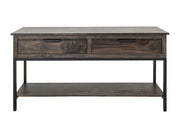 Dark Mita Sofa Table in hand-distressed mango and melina wood with metal base