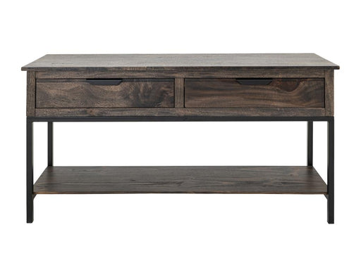 Dark Mita Sofa Table in hand-distressed mango and melina wood with metal base