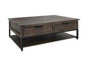 Dark Mita Cocktail Table in hand-distressed mango and melina wood with metal base
