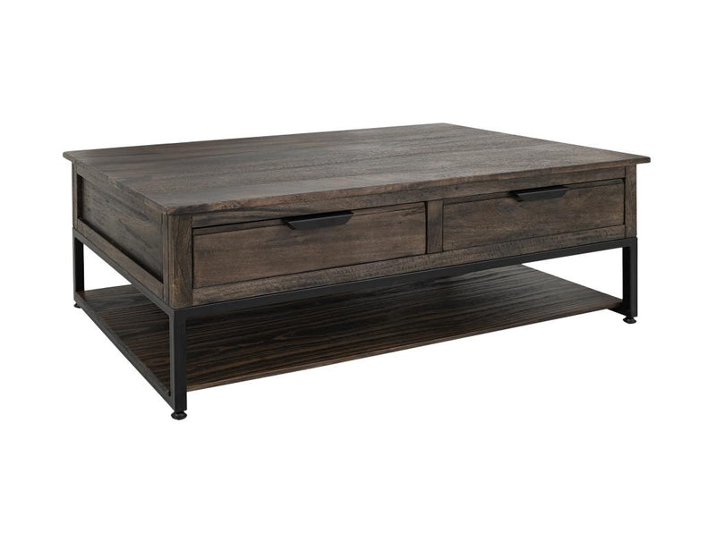 Dark Mita Cocktail Table in hand-distressed mango and melina wood with metal base