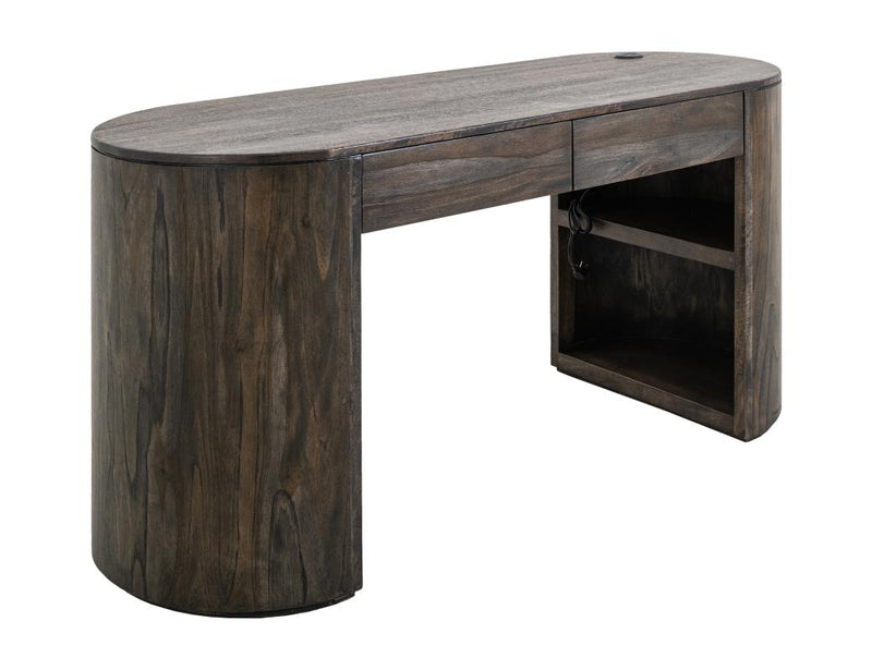 Balam Black Desk, two-drawer with open shelving, solid mango