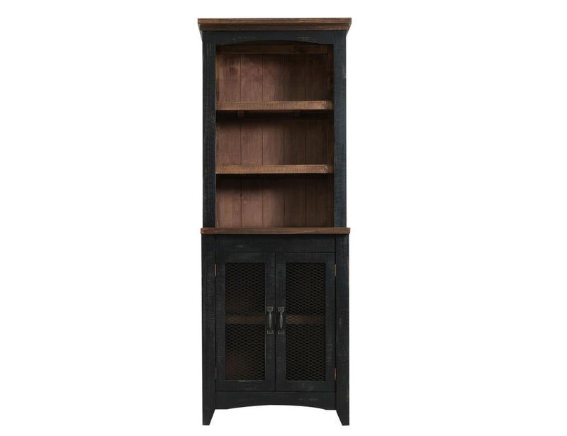 Pueblo Black Pier - weathered black pine, brown top, iron mesh doors, shelves