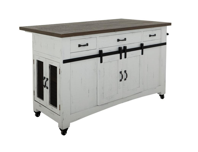Pueblo White Kitchen Island - distressed white pine, barn doors, mesh doors, drawers
