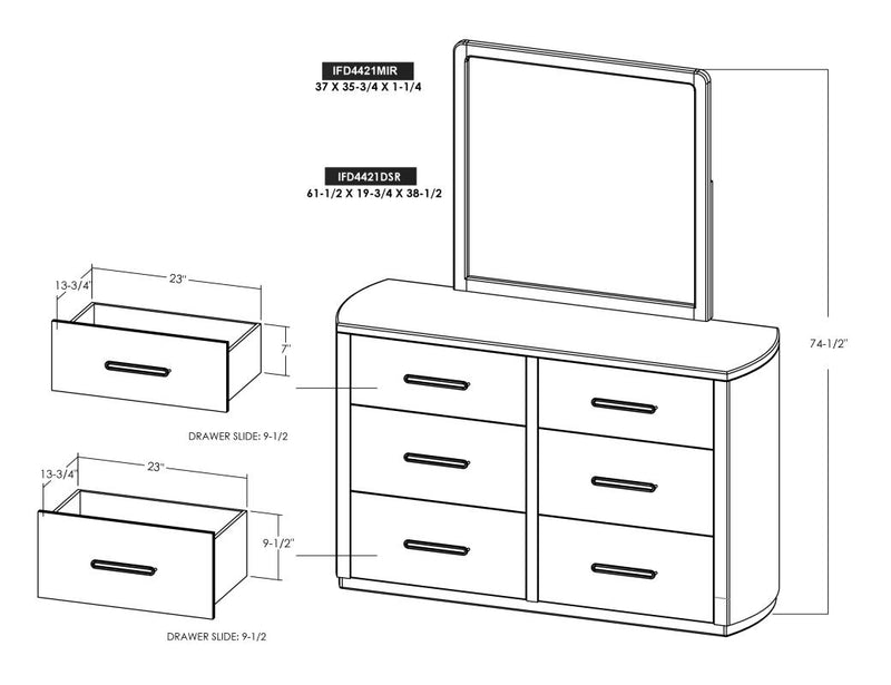 Balam Black Dresser and mirror dimension drawing with measurements