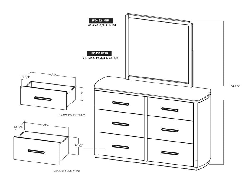 Balam White Dresser and mirror dimension drawing with measurements