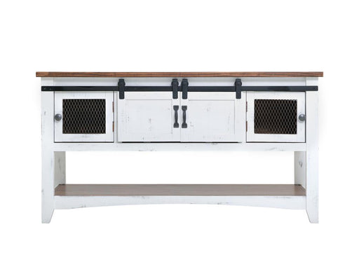 Pueblo White Sofa Table - distressed white pine, sliding barn doors, mesh doors