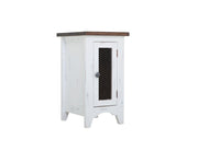 Pueblo White Chairside Table - distressed white pine, brown top, iron mesh door