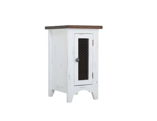 Pueblo White Chairside Table - distressed white pine, brown top, iron mesh door