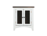 Pueblo White End Table - distressed white pine, brown top, two iron mesh doors